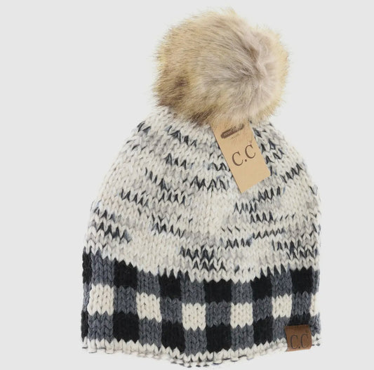 Buffalo Check Mixed Print Fur Pom Beanie Ivory