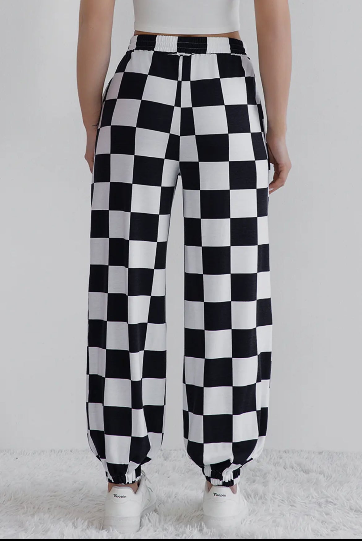 Checkerboard Elastic Waist Pocketed Joggers