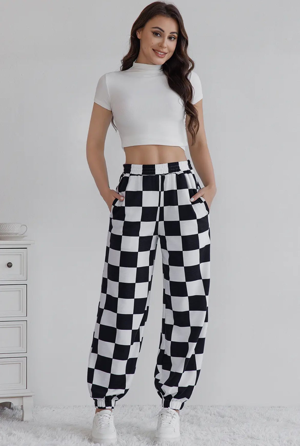 Checkerboard Elastic Waist Pocketed Joggers