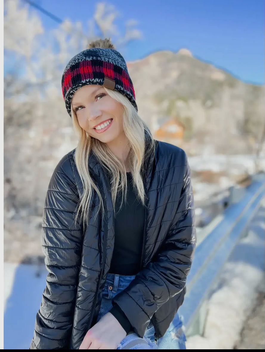 Buffalo Check Mixed Print Fur Pom Beanie Black/Red