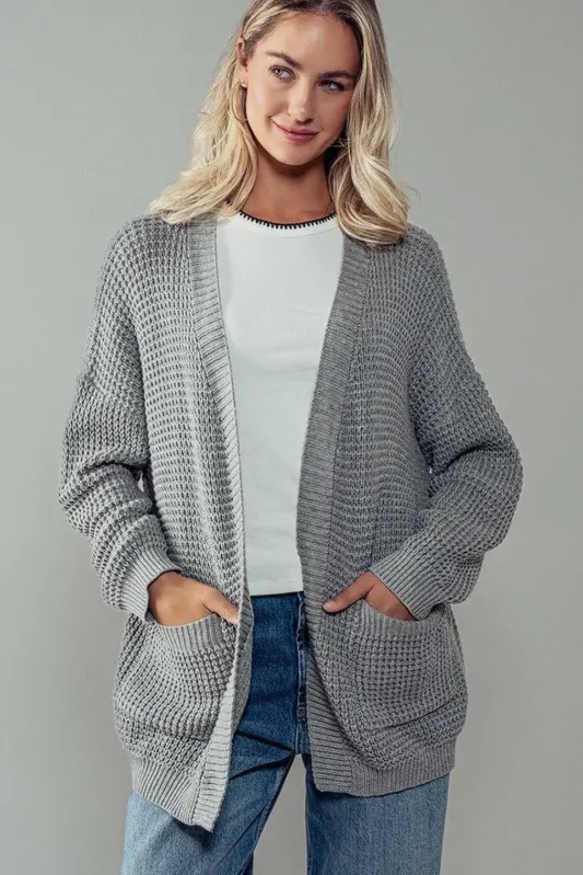 Paradise Waffle Knit Cardigan Grey Small