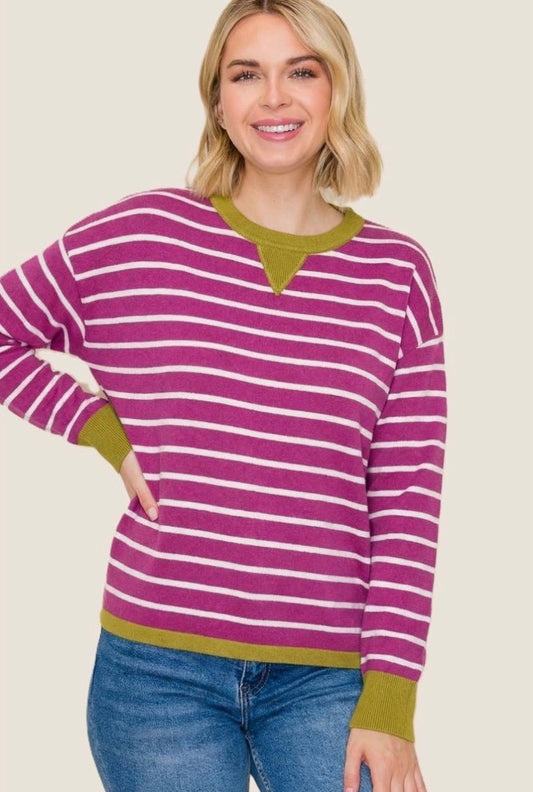 54758D Color Contrasted Striped Sweater Magenta