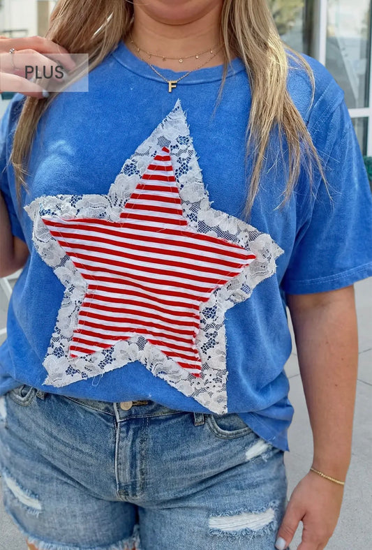 Striped Lace Contrast Star Patched Plus Tee