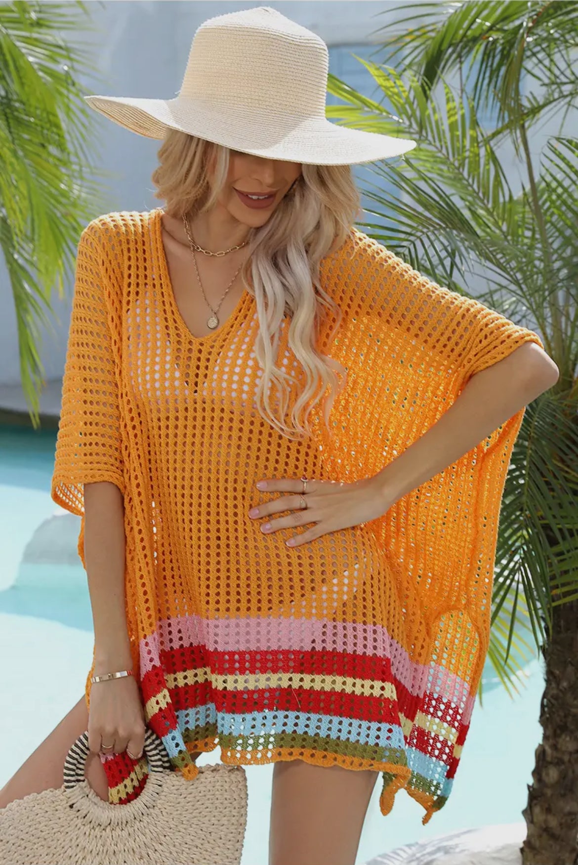 Hollow Knitted Orange Swim Pool Cover Up One Size