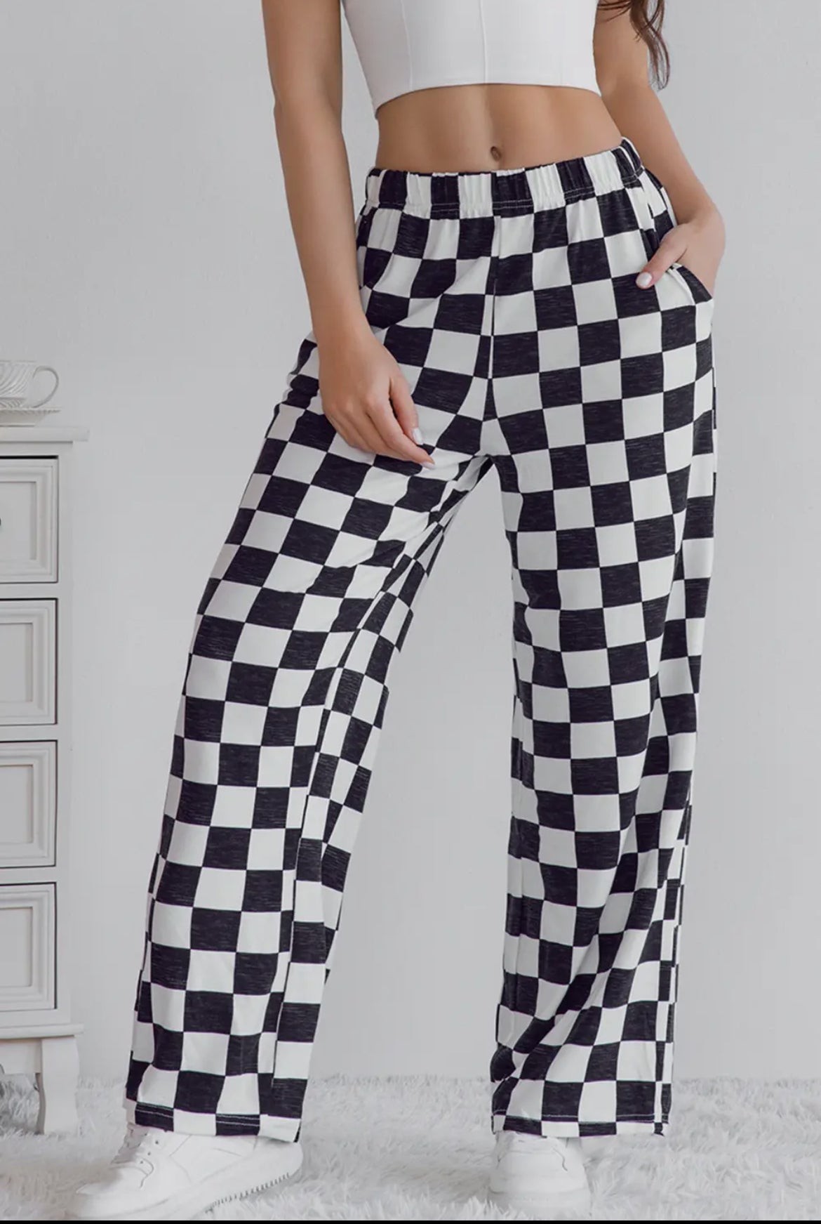 Checkered Print High Waist Wide Leg Pants Missy