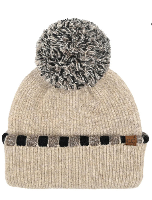 Neutral Horizontal Stripe Cuffed CC Pom Beanie Taupe