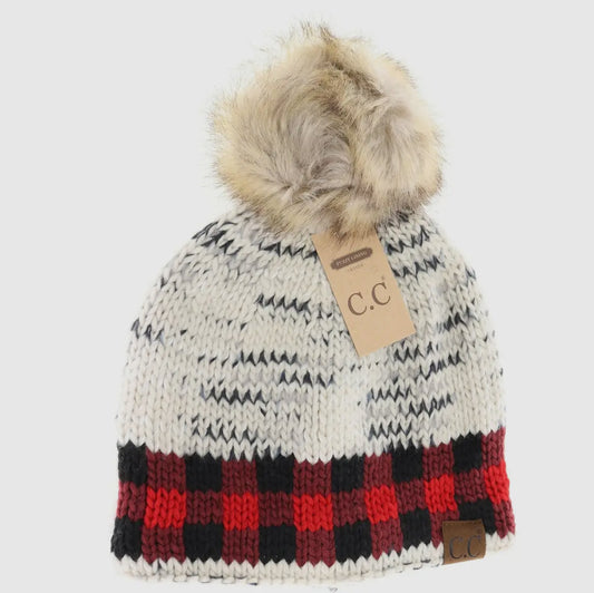 Buffalo Check Mixed Print Fur Pom Beanie Ivory/Red