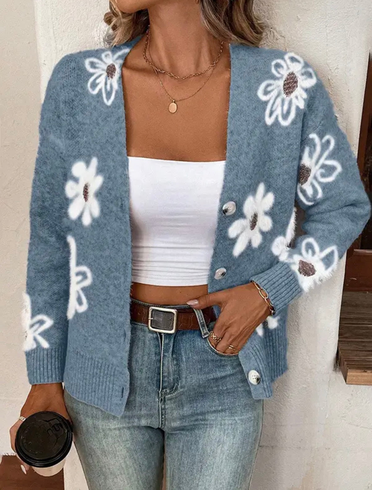 Floral Button Front Cardigan- Blue