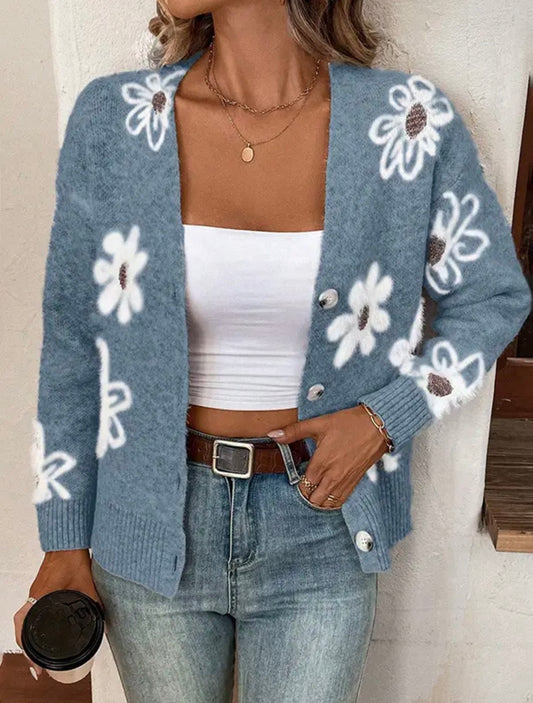 Floral Button Front Cardigan- Blue