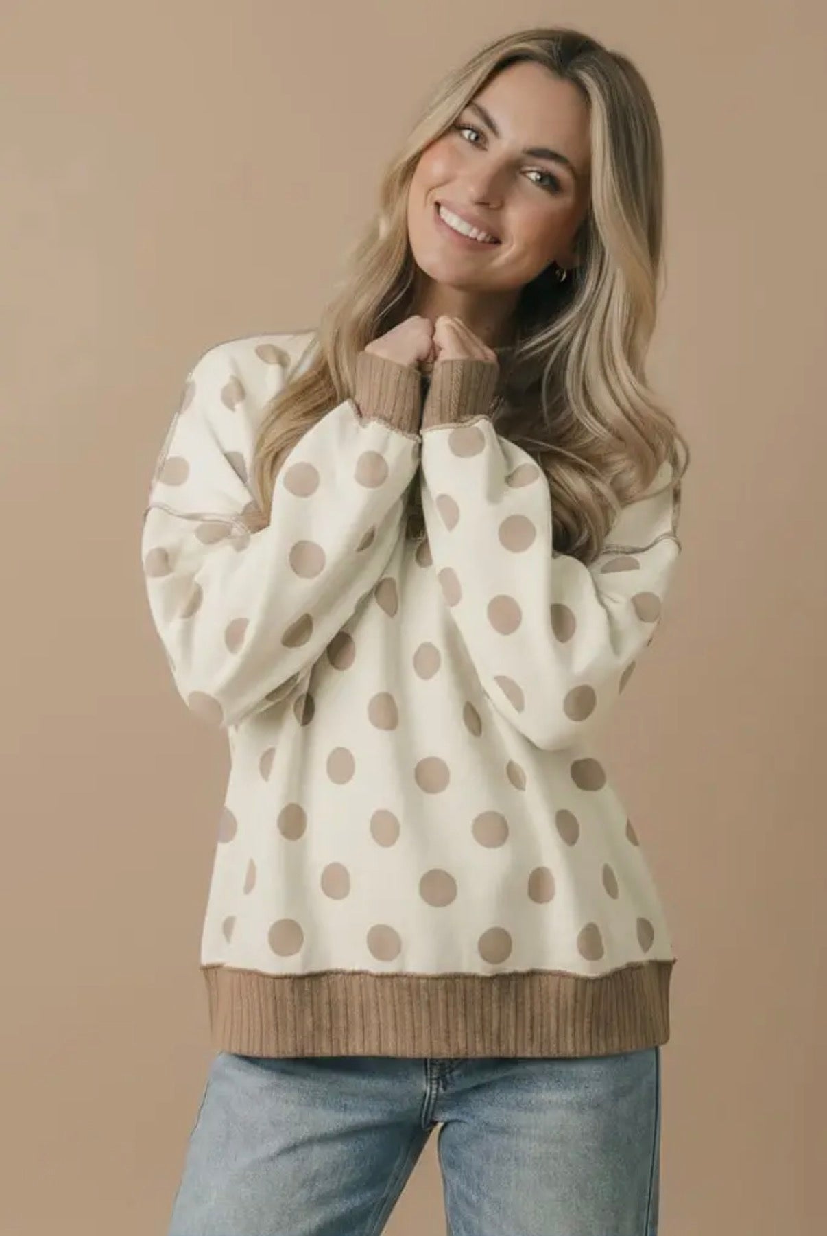 HT7918A Polka Dot Terry Top Ivory/Taupe