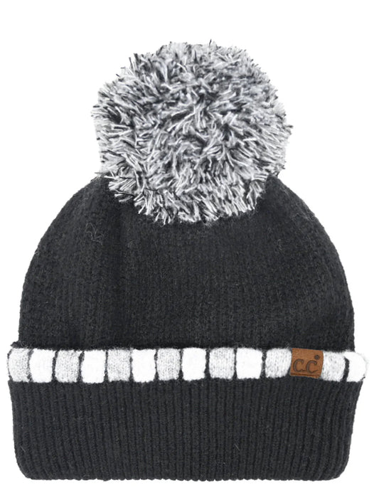 Neutral Horizontal Stripe Cuffed CC Pom Beanie Black