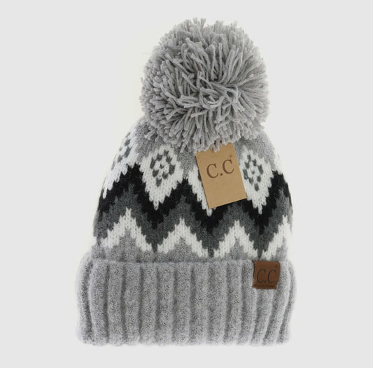 Aztec Chevron Knit Pom Beanie Lt Grey