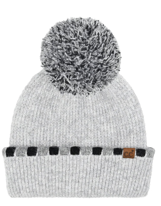 Neutral Horizontal Stripe Cuffed CC Pom Beanie Grey