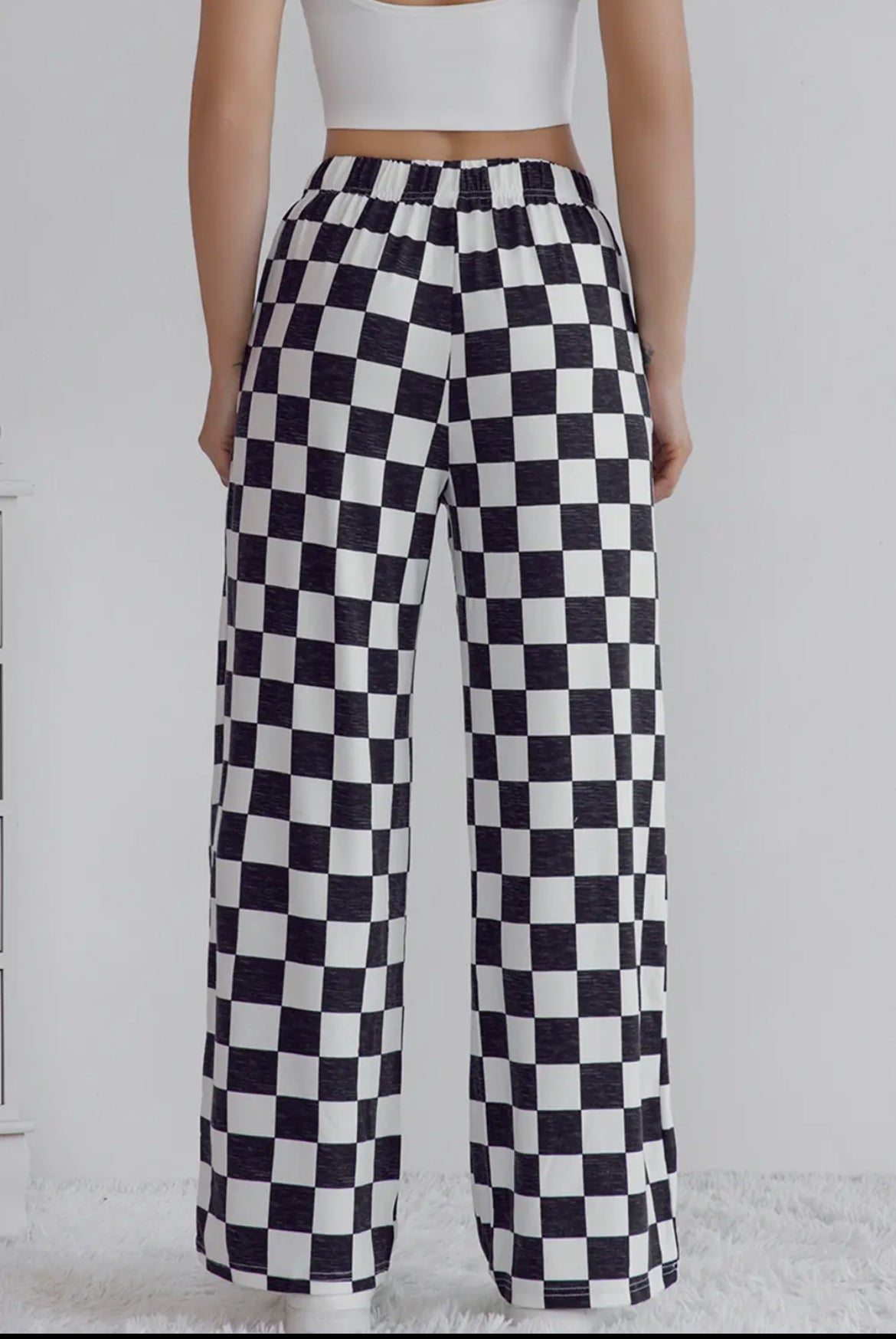 Checkered Print High Waist Wide Leg Pants Missy
