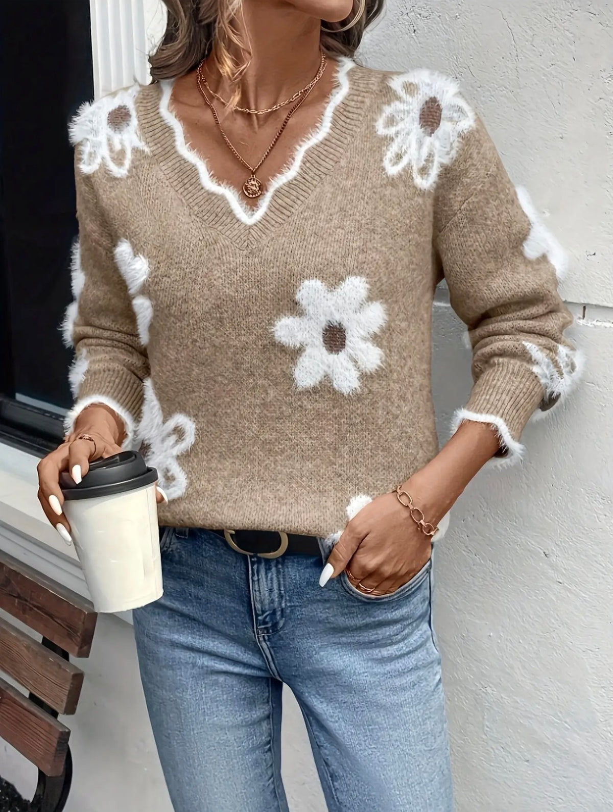 V-Neck Knitted Floral Sweater- Khaki
