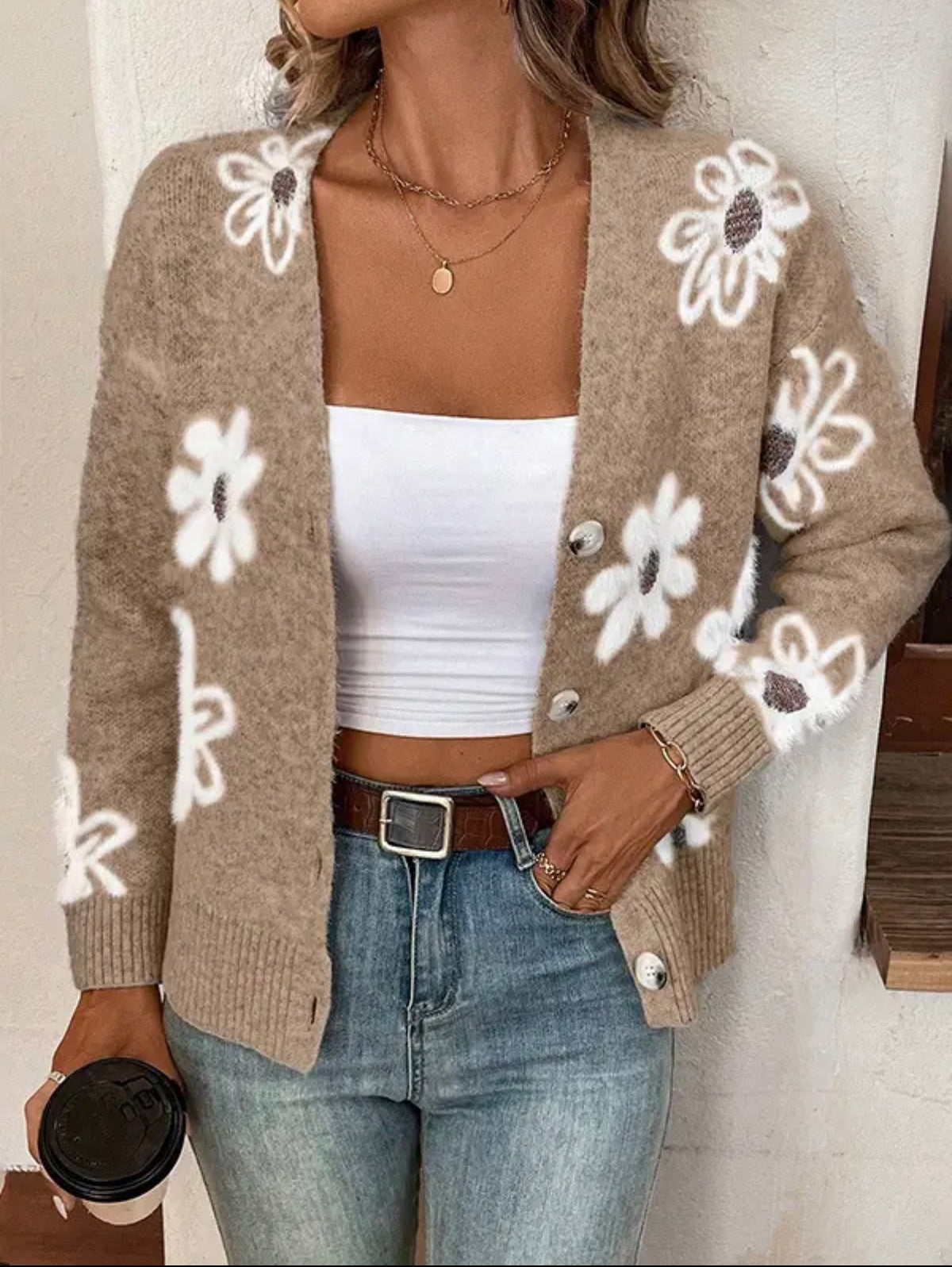 Floral Button Front Cardigan- Khaki