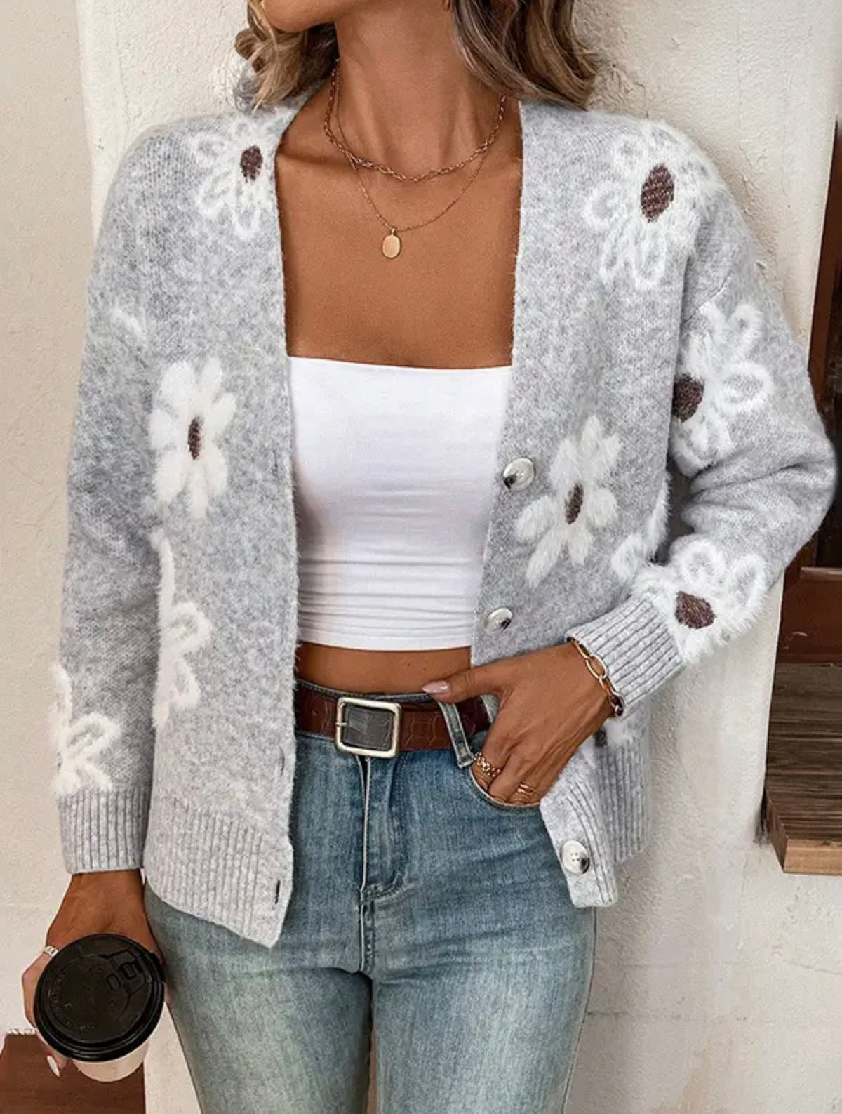 Floral Button Front Cardigan- Light Gray