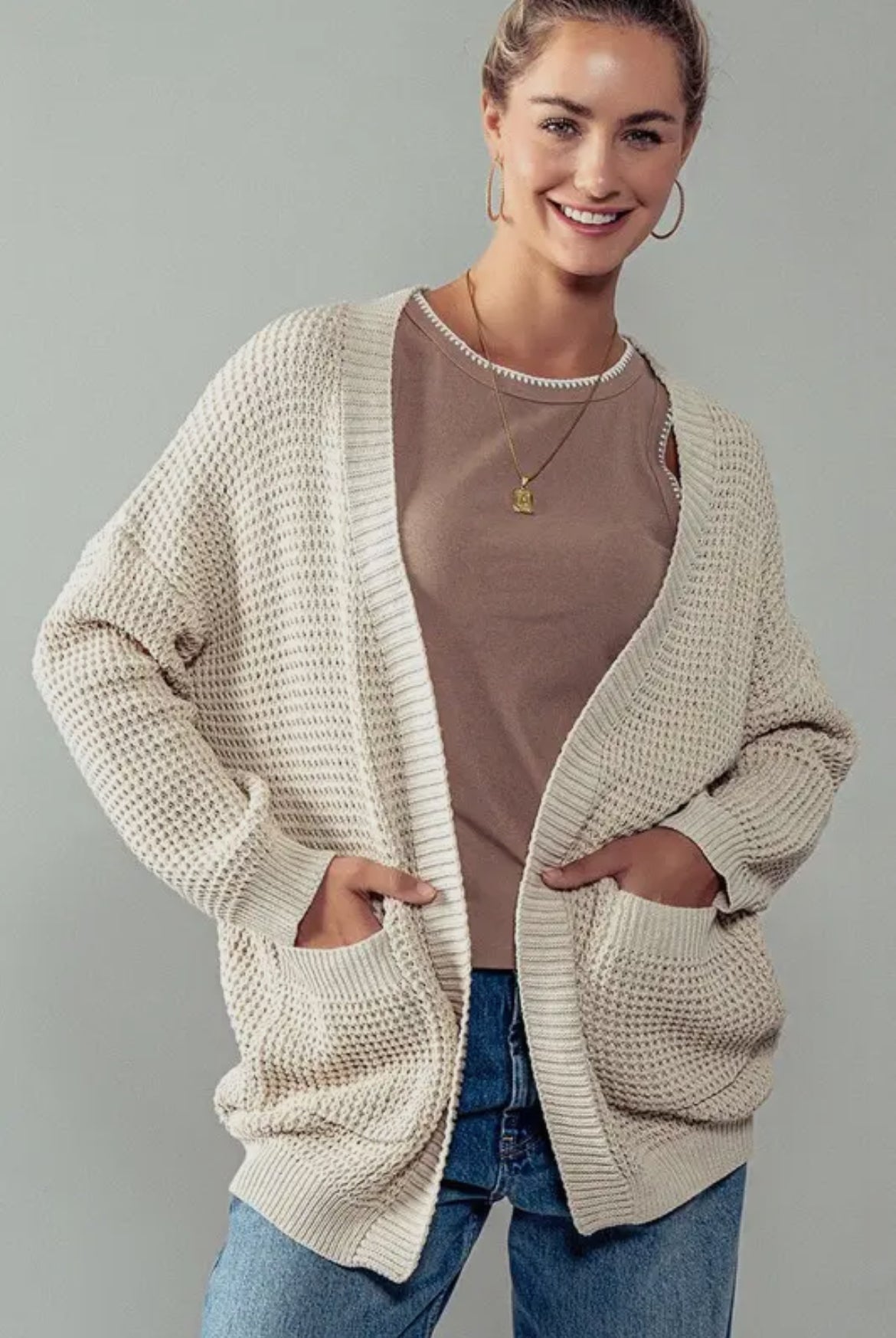 Paradise Waffle Knit Cardigan Beige Small