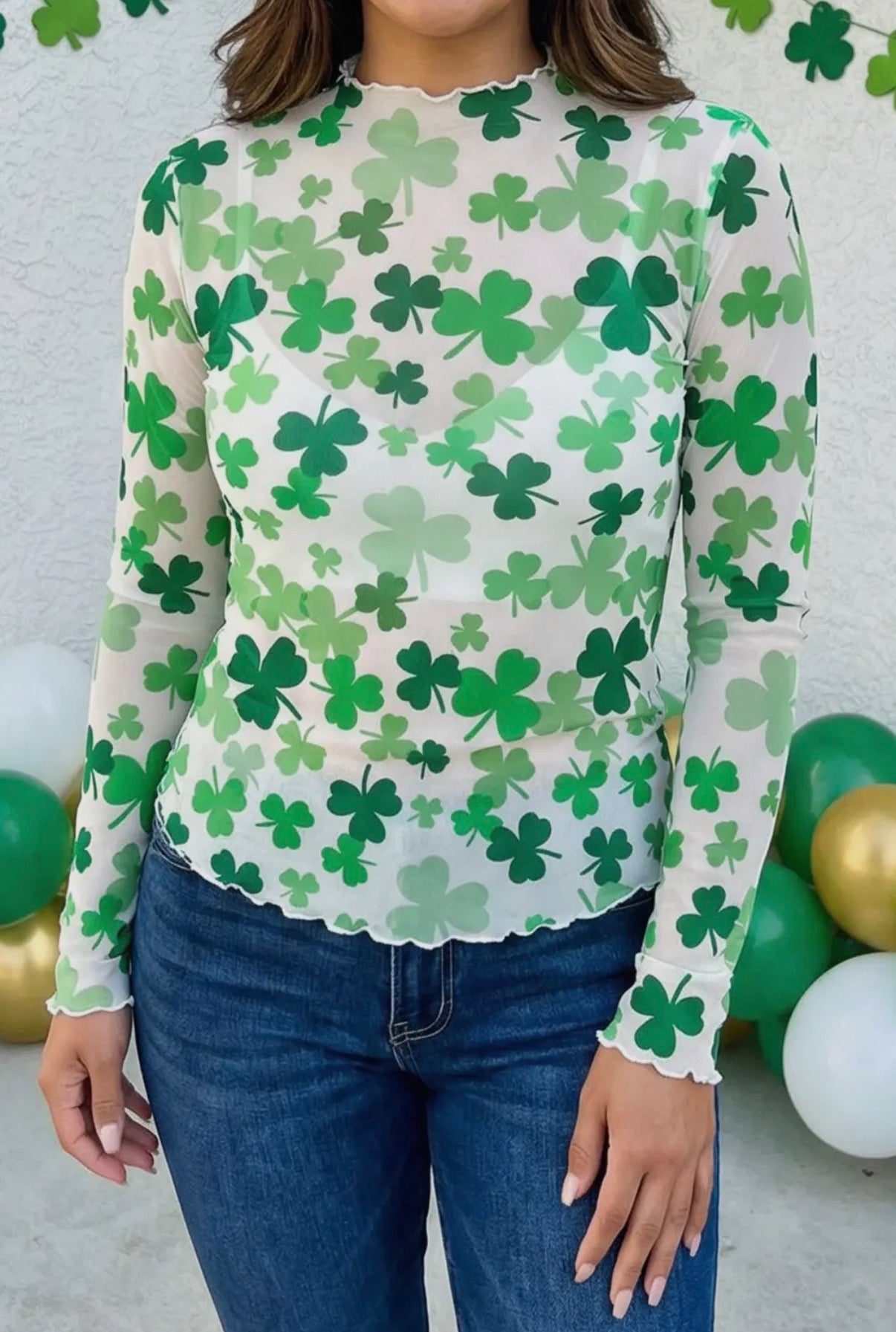 St. Patrick Lucky Shamrock Lettuce Trim Mock Neck Mesh Top Green