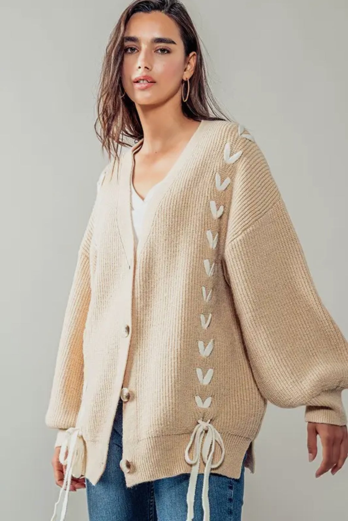 Heartbeat Weave Knit Cardi Taupe S/M or M/L