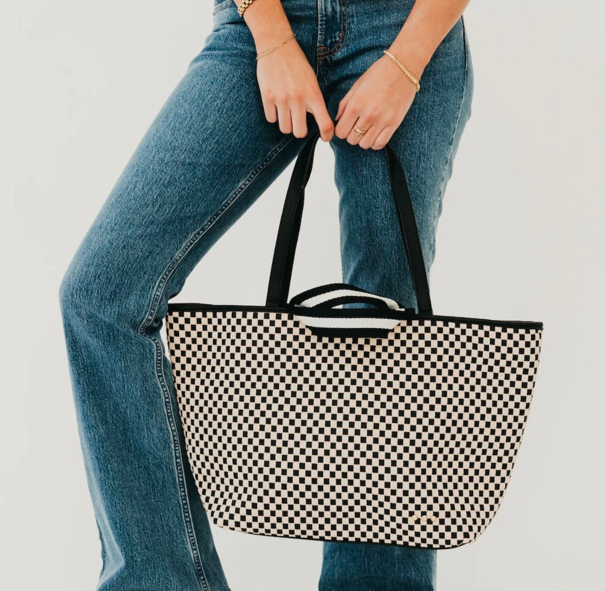 Woven Tiffany Organizer Tote Bag Checkered Black