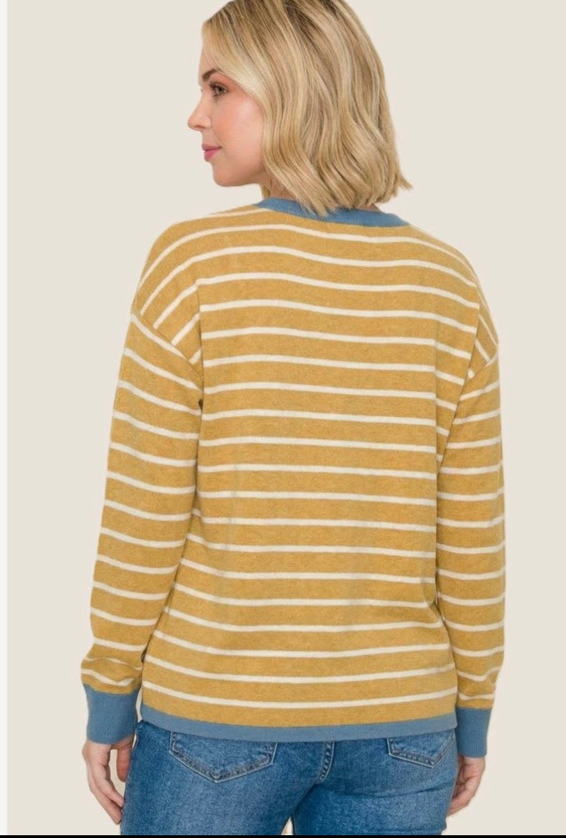 54758D Color Contrasted Striped Sweater Mustard