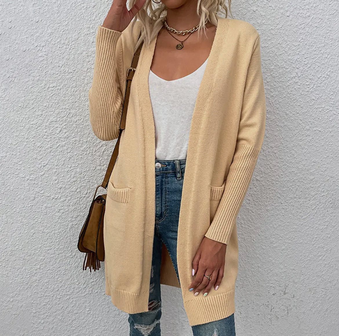 Solid Apricot Long Unbottoned Cardigan