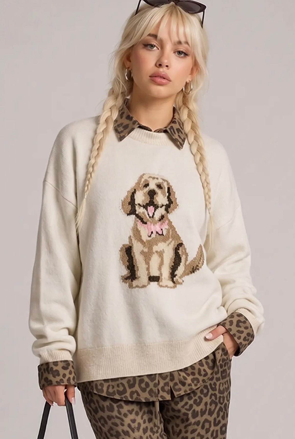 12W3674N Dog Intarsia Sweater Ivory