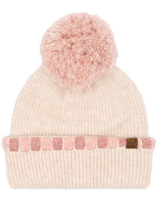 Neutral Horizontal Stripe Cuffed CC Pom Beanie Rose