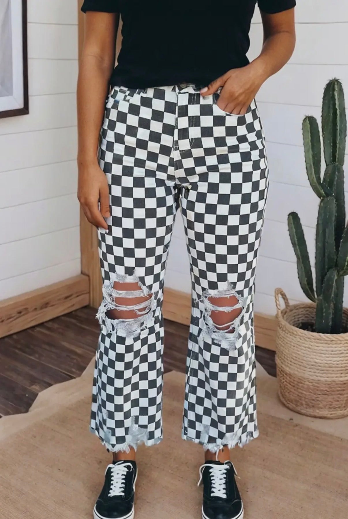 Blk/Wh Plaid Cropped Jeans
