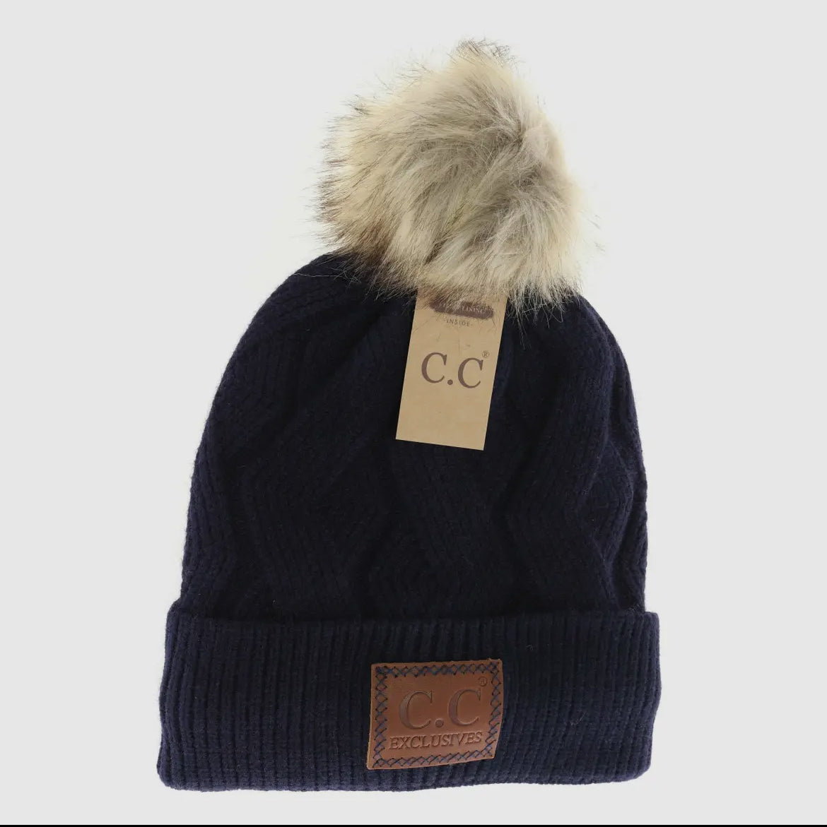 Geometric Knit Faux Fur Pom Beanie Navy