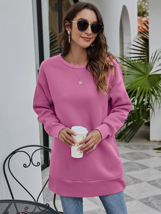 Round Neckline Pocket Long Casual Loose Hoodie