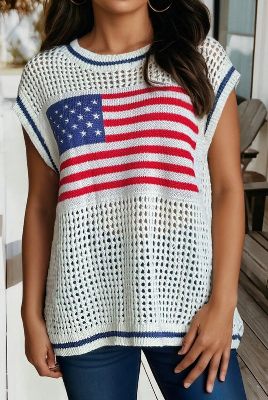 USA Flag Eyelet Knitted Sweater Top