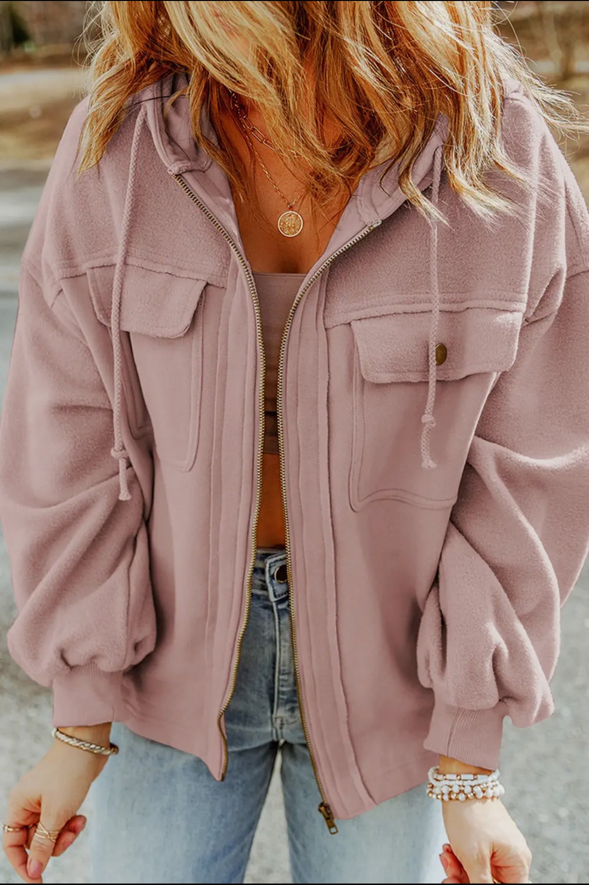 Flap Pocket Drawstring Hood Zip Up Jacket in Green and Pink