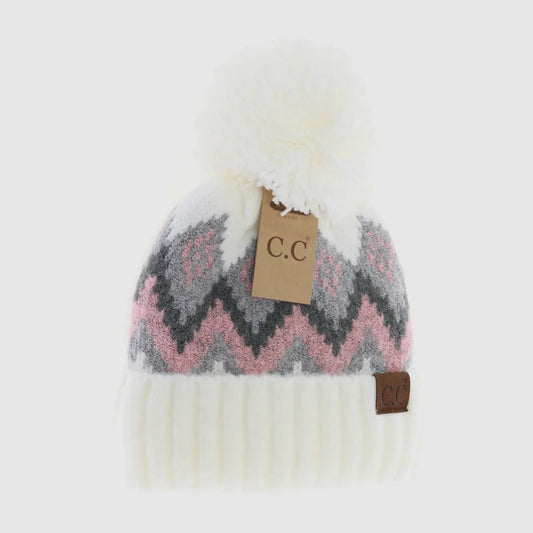 Aztec Chevron Knit Pom Beanie Ivory