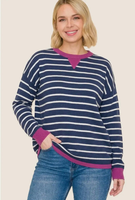 54758D Color Contrasted Striped Sweater  Navy