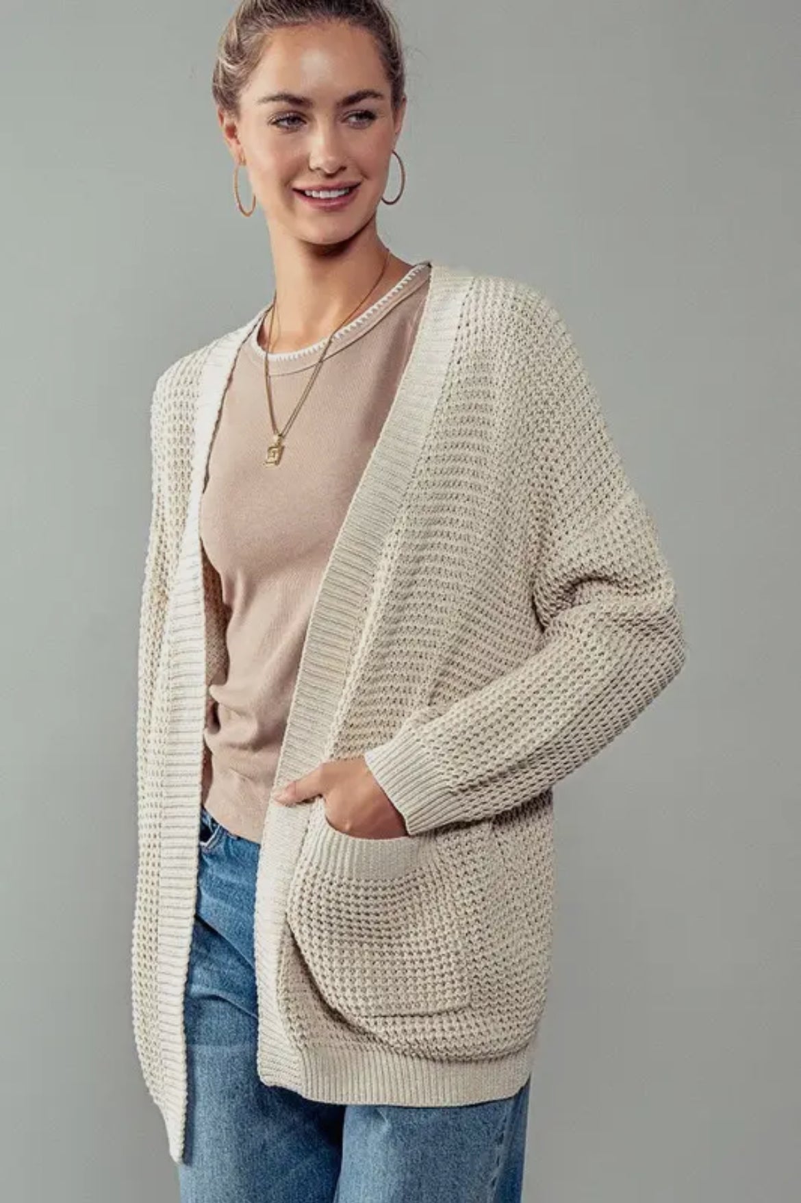 Paradise Waffle Knit Cardigan Beige Small