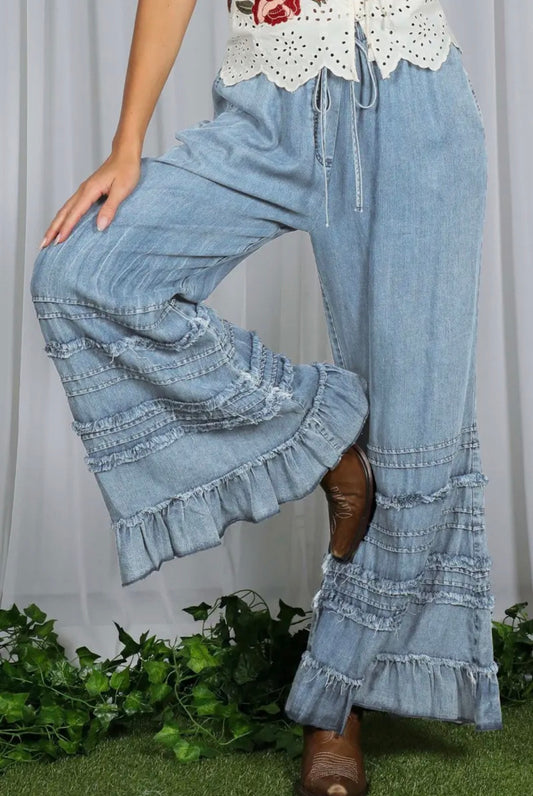 Flared Ruffle Hem Light Denim Chambary Crop Pants