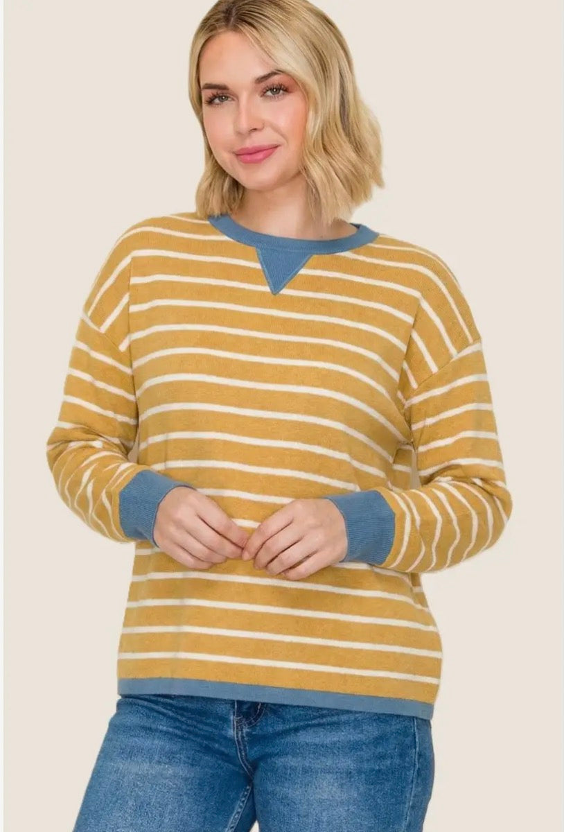 54758D Color Contrasted Striped Sweater Mustard