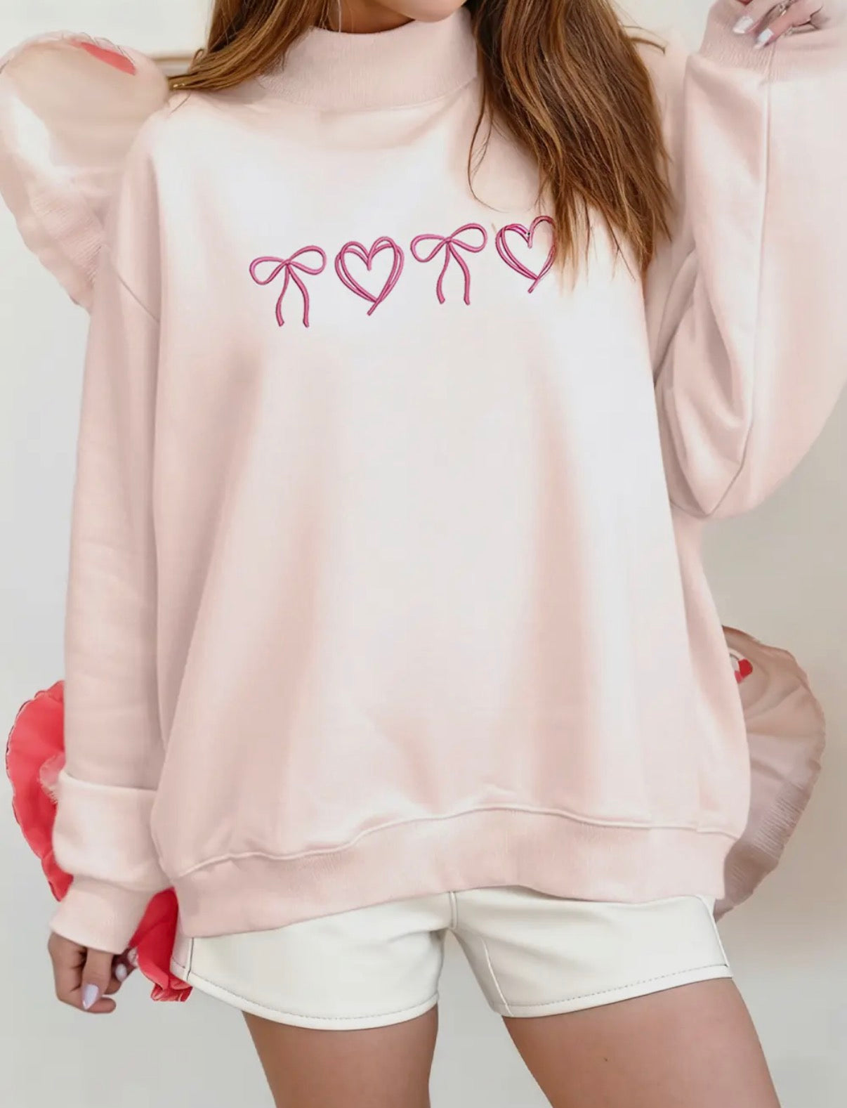 Valentine Trim chenille Heart Patched Mock Neck Apricot Pink