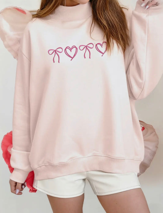 Valentine Trim chenille Heart Patched Mock Neck Apricot Pink