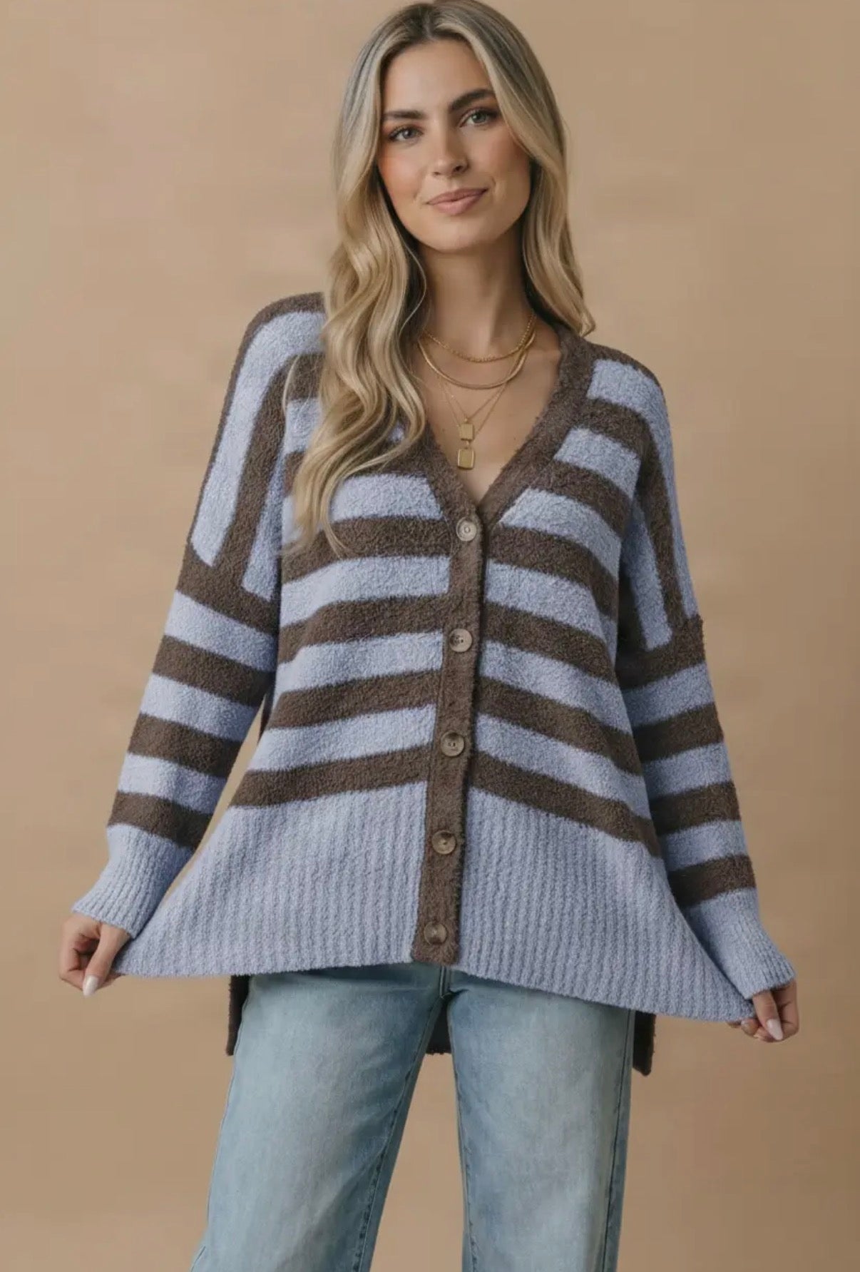 HCJ7864A Y Neck Stripe Popcorn Oversized Fit Cardigan brown/Slate Blue