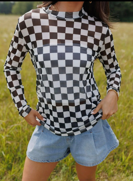 Black Checkered Mesh Top
