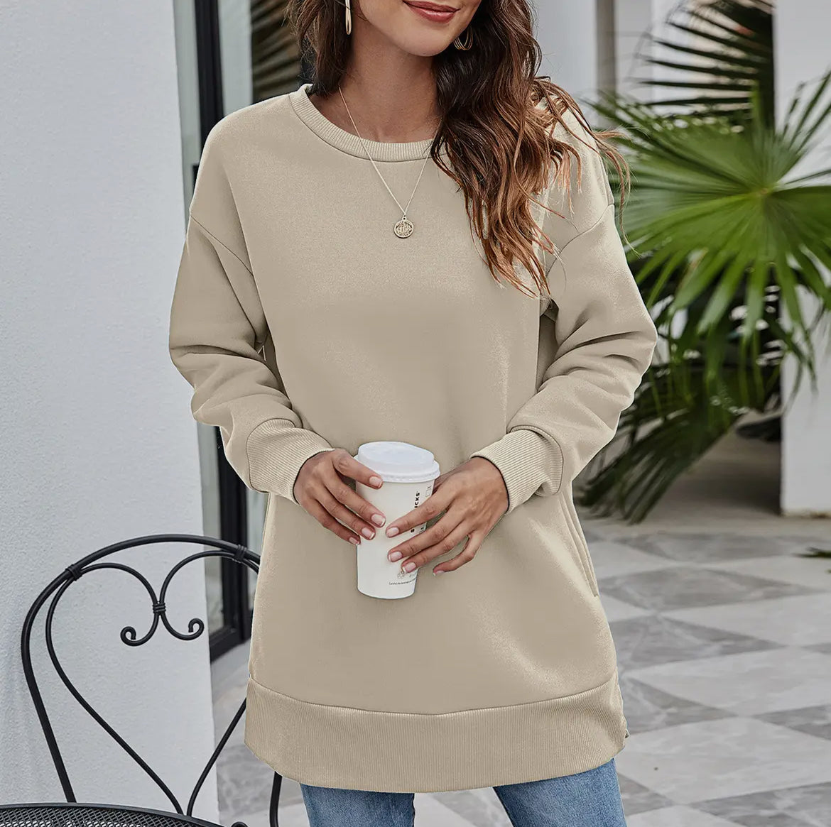 Round Neckline Pocket Long Casual Loose Hoodie