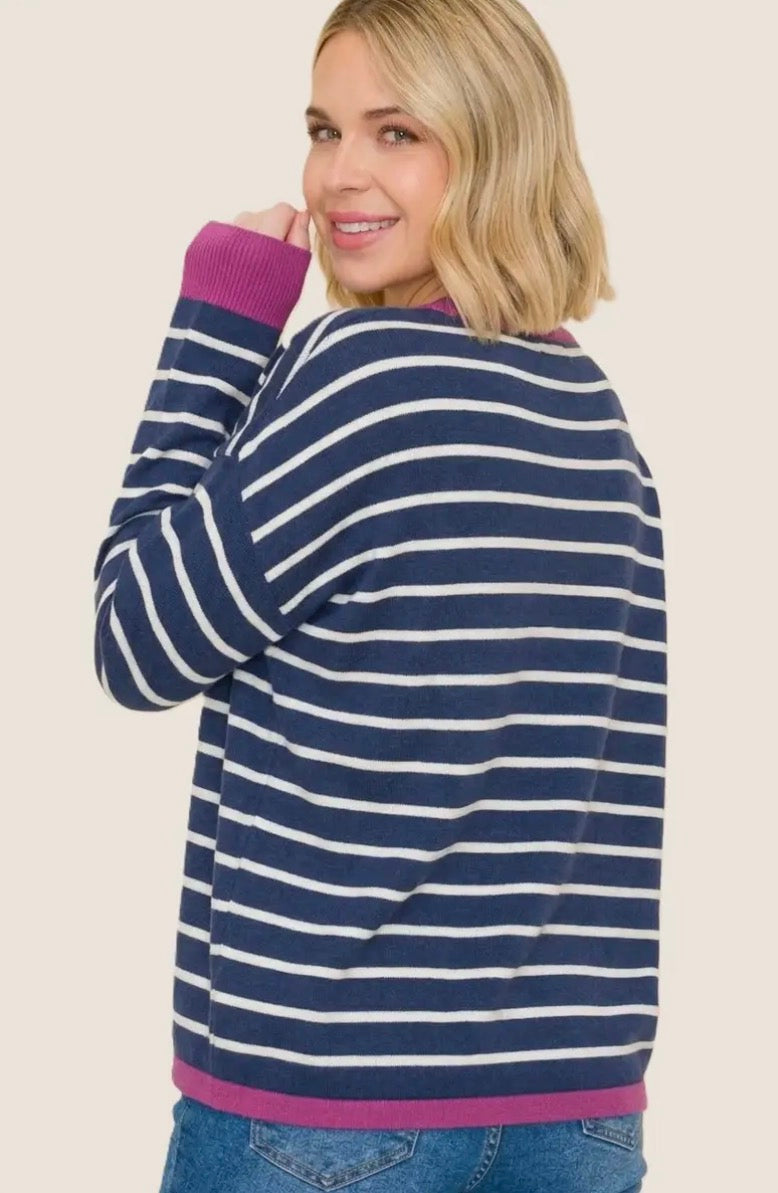 54758D Color Contrasted Striped Sweater  Navy