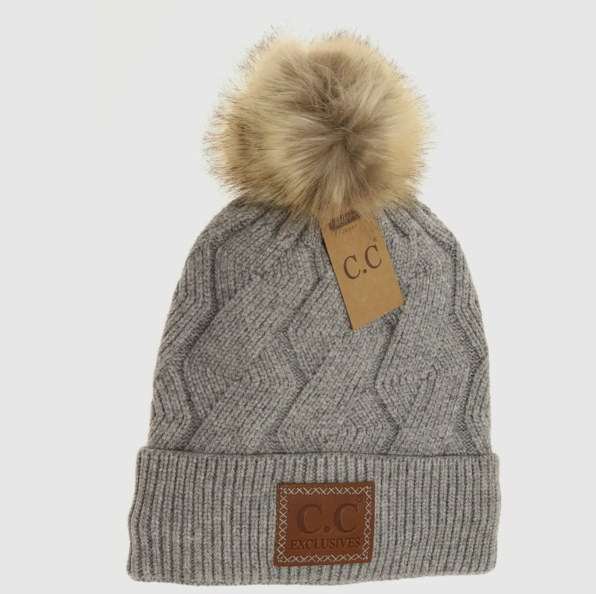 Geometric Knit Faux Fur Pom Beanie Lt. Grey