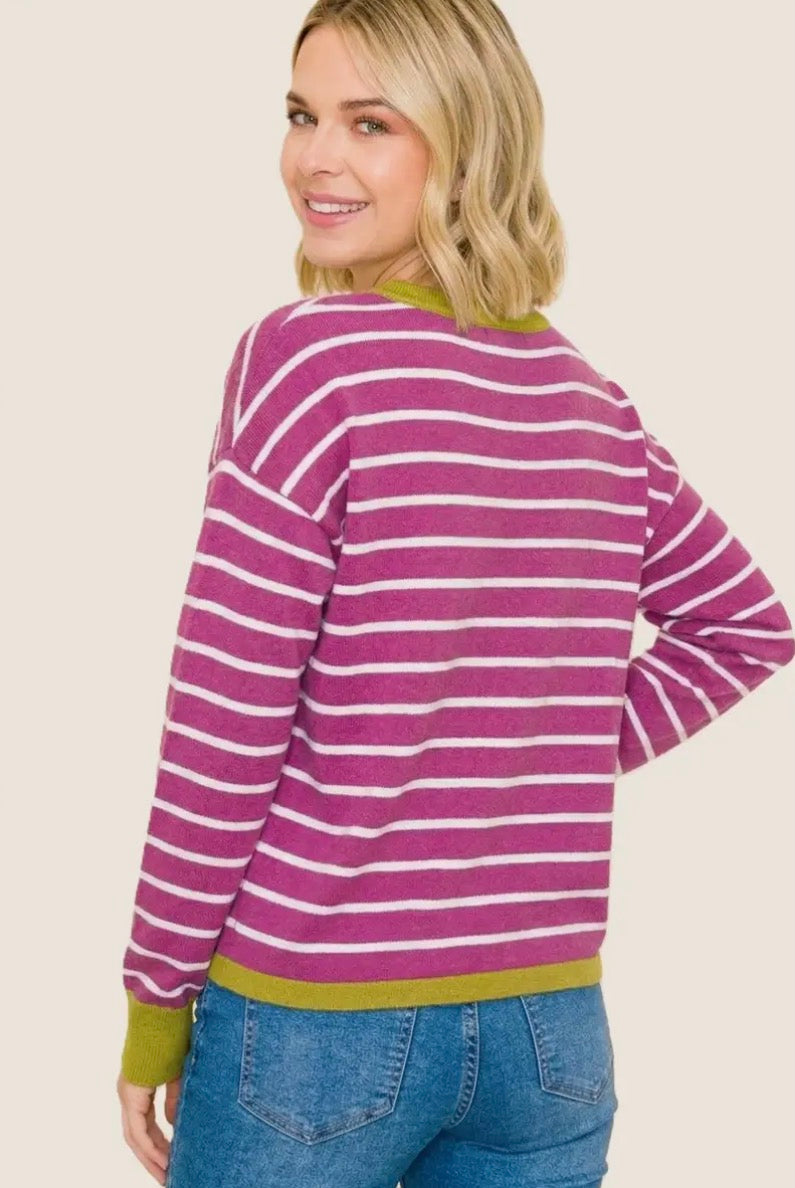 54758D Color Contrasted Striped Sweater Magenta