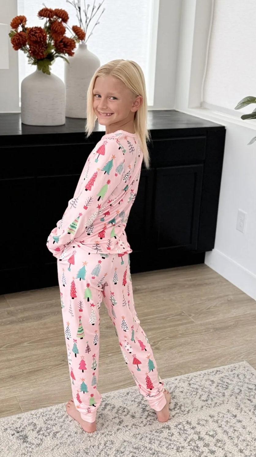 Youth Christmas PJ Pink Tree Jogger Set