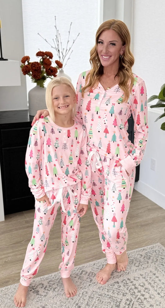 Youth Christmas PJ Pink Tree Jogger Set