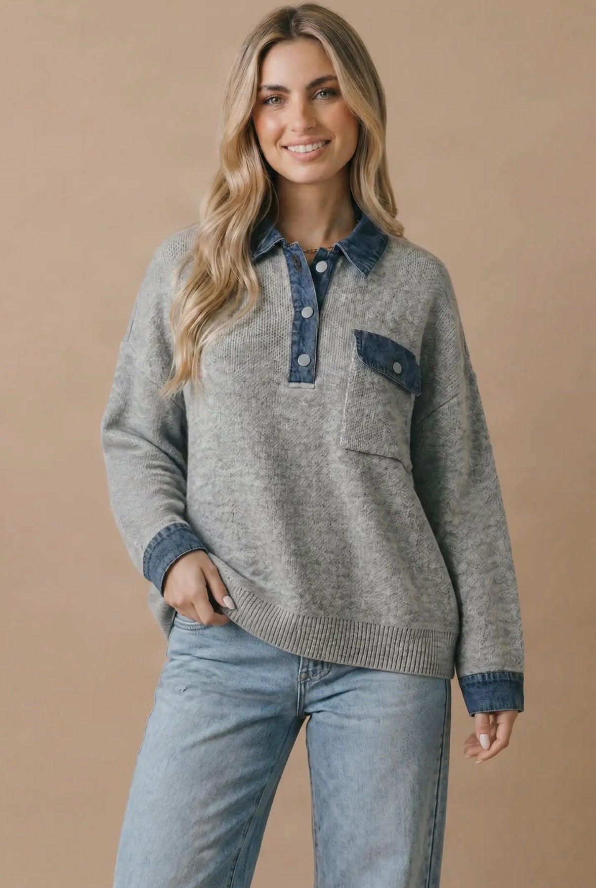 HCT7852A Denim Collar Textured Top Heather Grey
